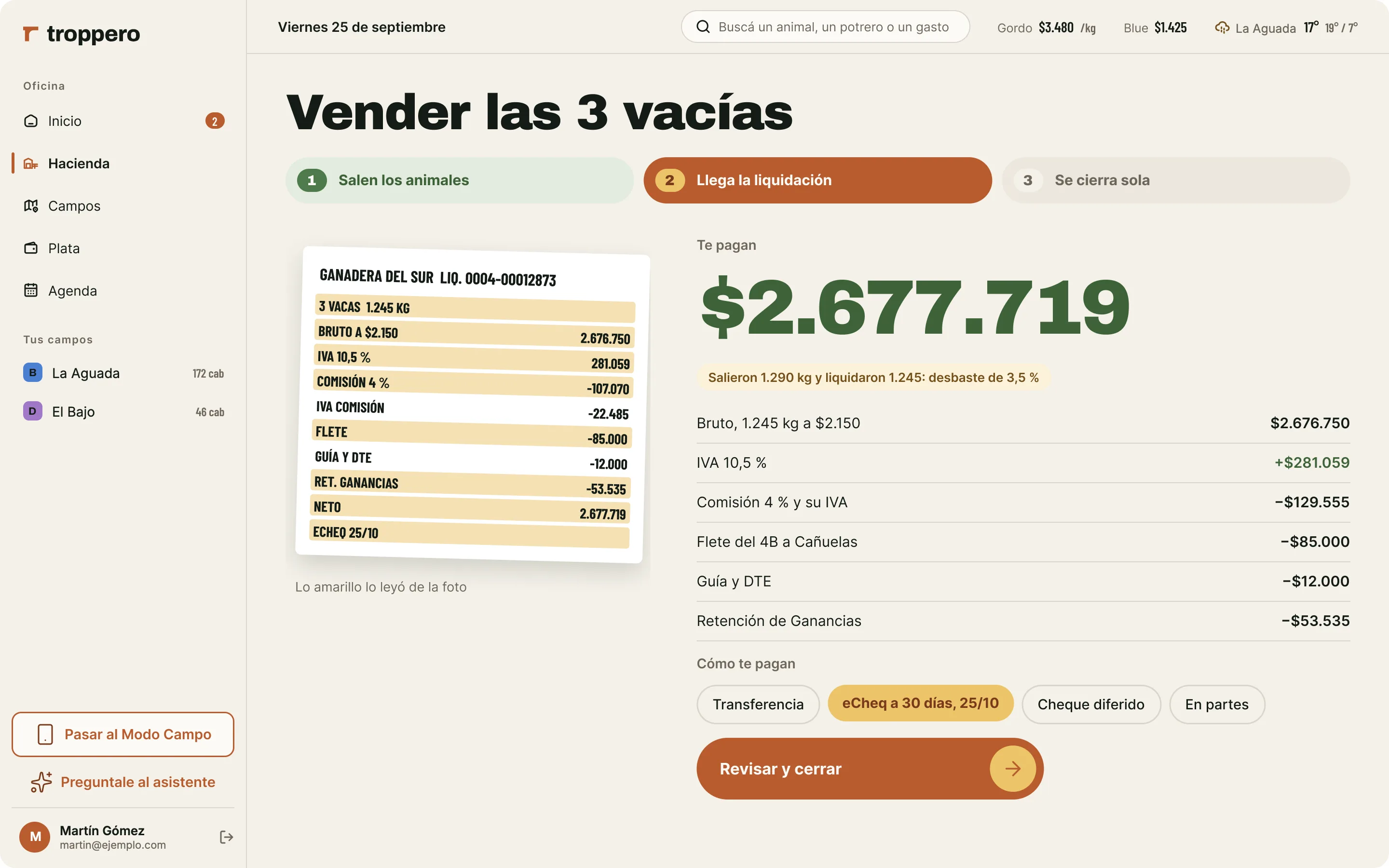 La liquidación de una venta leída de una foto: kilos, desbaste, comisión y flete